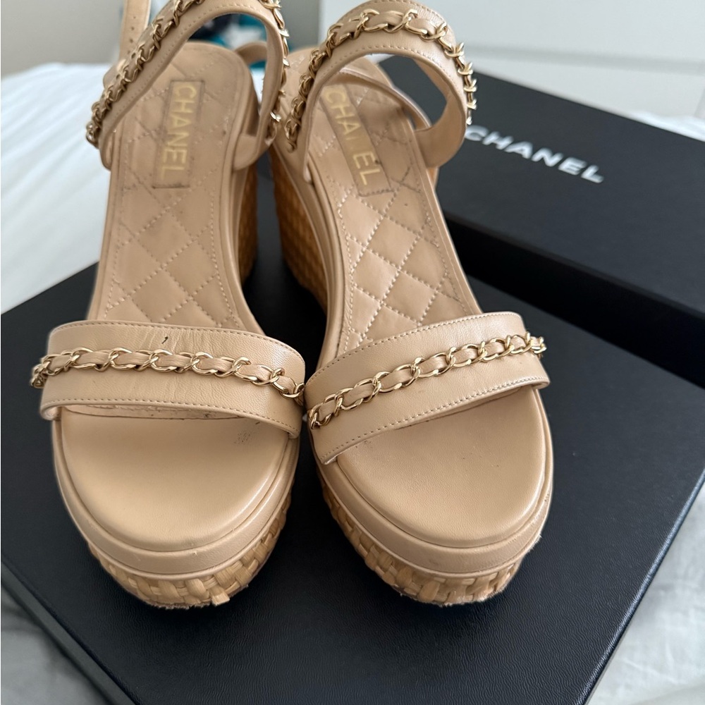 CHANEL Tan Wedge Shoes with Braided Detail